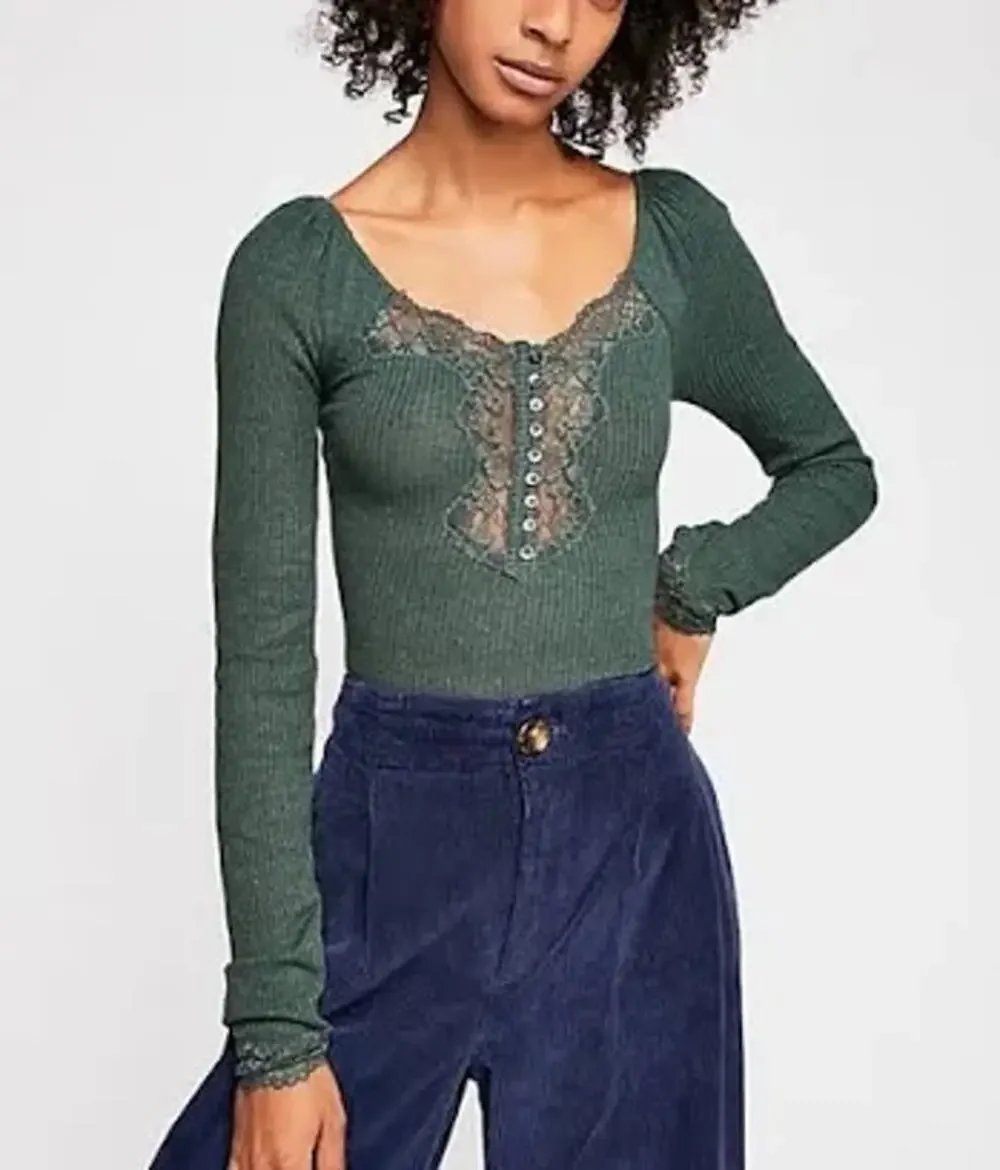 Free People To The West Green Henley Long Sleeve Lace Top Size XS